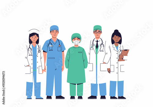 Five diverse medical professionals standing sidebyside against a white background
