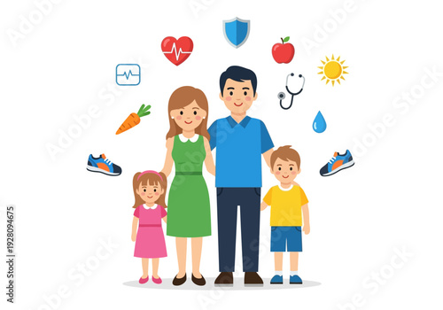 Family surrounded by icons representing health fitness and protection