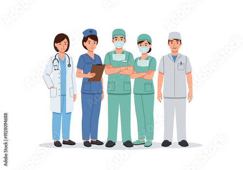 Five healthcare professionals standing together in lighthearted illustration style