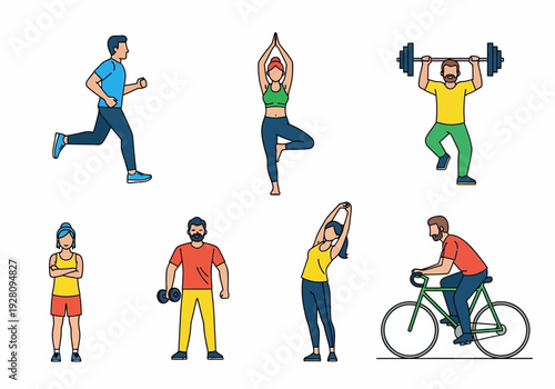 Seven diverse individuals exercising running yoga weightlifting standing dumbbell lifting stretching and cycling