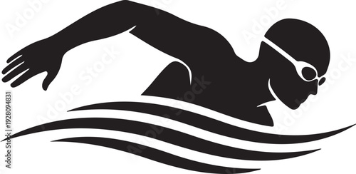 A black silhouette of a swimmer in goggles