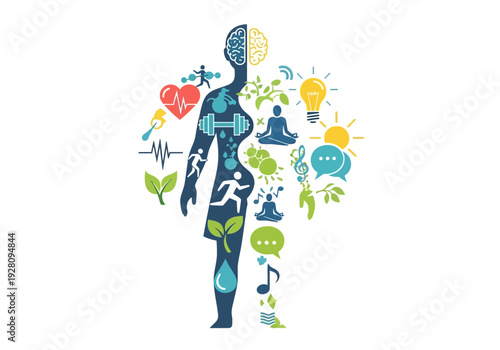 Silhouette of a body filled with icons representing physical and mental wellness