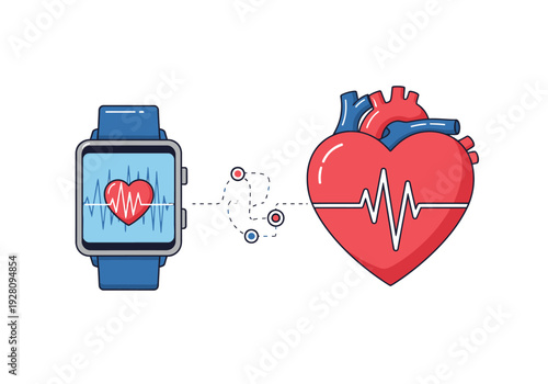 Smartwatch displaying heart rate monitor connected wirelessly to a heart icon