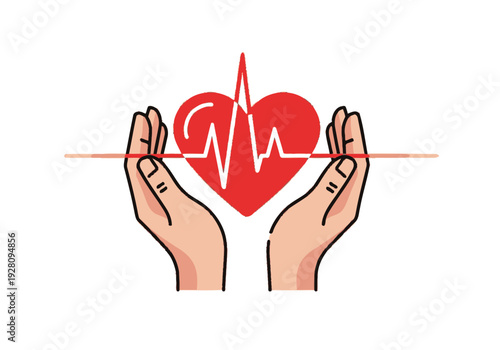 Two hands cradle a red heart with a white electrocardiogram line inside