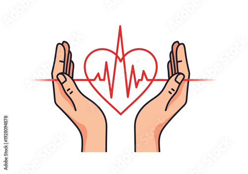 Two hands cradling a red heart shape overlaid with an electrocardiogram line