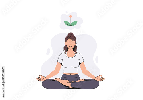 Woman meditating in lotus pose with a small flower thought bubble above