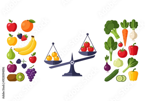 Fruits and vegetables balanced on a scale with separate piles of each