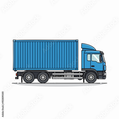 Blue container truck vector illustration in cartoon style delivering goods; commercial shipping transport and freight services