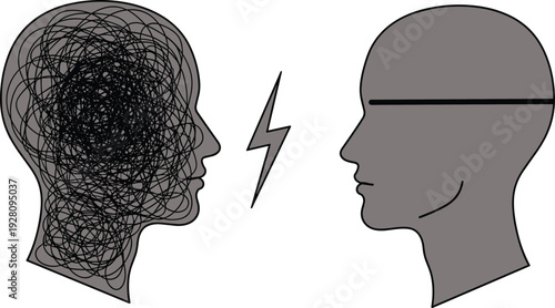Stylized human head profiles with chaotic scribble and clear line separated by lightning bolt symbolizing confusion, clarity, conflict, and communication