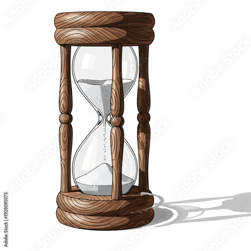 A detailed illustration of a classic wooden hourglass with sand flowing, symbolizing the passage of time, deadlines, and urgency on a clean white background.