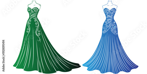 Elegant sweetheart neckline evening gown with ornate swirl patterns and flowing skirt vector set