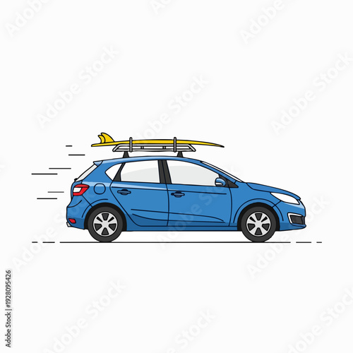 Blue hatchback car speeding with yellow surfboard on roof rack illustration in cartoon style for summer vacation travel and lifestyle design