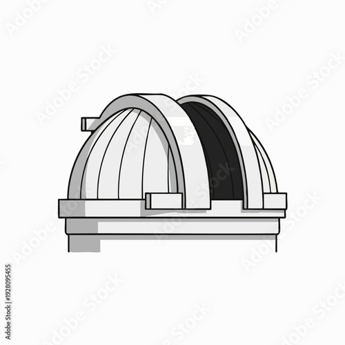 Cartoon observatory dome with opening roof section illustration; astronomical research facility; white building for science education and astronomy outreach