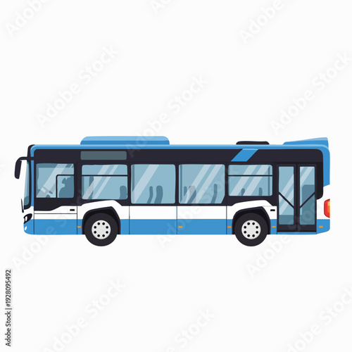 Blue modern city bus illustration with sleek design and large windows for urban transportation and passenger service isolated on white background