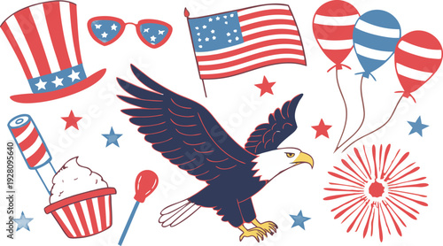 4th of July Sublimation Clipart SVG Bundle.
Large 4th of July clipart bundle illustration, patriotic USA themed elements arranged in a collage layout, vibrant red white and blue color palette,