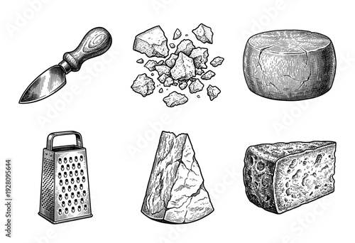 Vintage engraving illustration of hard cheese collection featuring parmesan wedges chunks wheel grater and almond knife