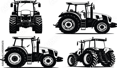 Agriculture tractor icon set with front side and perspective views, professional cad drawing flat vector illustration for farming machinery and industrial equipment.