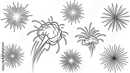 Comic style explosion and firework burst collection set with speed lines and smoke clouds in black and white