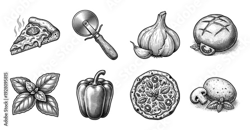 Vintage engraving style pizza ingredients and kitchen tools collection featuring hand drawn rustic illustrations of sliced pizza, vegetables, and herbs.