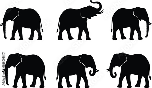 Elephant silhouette set with african and asian species, walking and trumpeting poses in flat vector style for CAD drawing, wildlife nature design elements