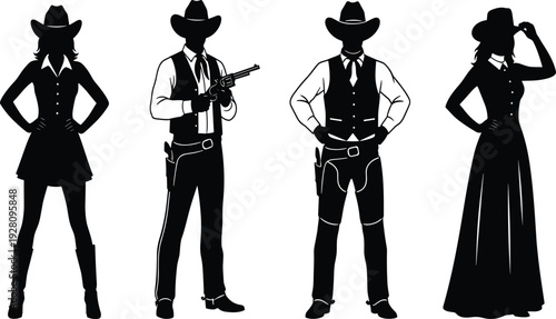 Cowboy and cowgirl silhouette set with western gunfighter and lady poses, wild west character icons in flat vector style for CAD drawing illustration