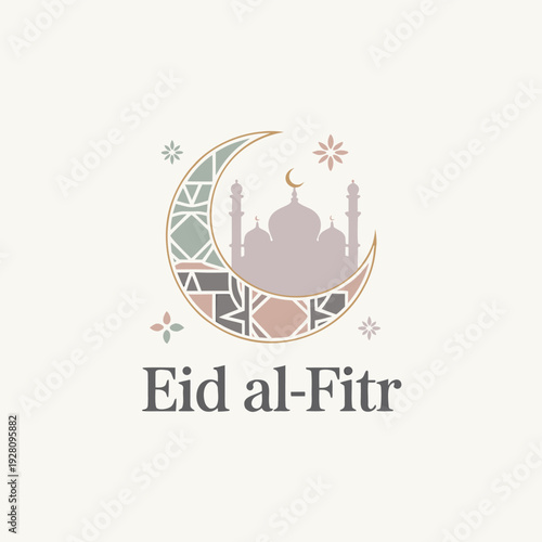 An eid al fitr illustration featuring a crescent moon mosque and decorative stars high quality professional
