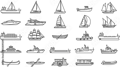 Boat and Ship Collection Hand Drawn Outline Vector Icon Set Featuring Sailboats Yachts Ferries and Cargo Vessels