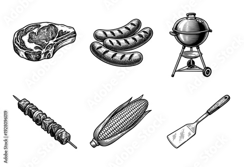 Vintage woodcut style collection of barbecue elements including steak sausages kettle grill kebab corn and spatula