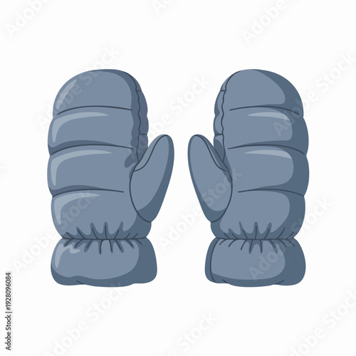 Cartoon pair of gray winter mittens with puffer design isolated on white for seasonal fashion and cold weather protection