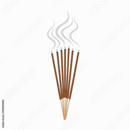 Burning incense sticks with gray smoke swirling upwards creating a fragrant aroma; vector illustration for meditation and relaxation