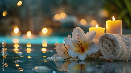 Wallpaper Mural A serene spa setting featuring flickering candles, a rolled towel, and delicate flowers by water Torontodigital.ca