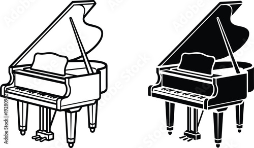 Grand piano musical instrument icons with open lid in outline and black silhouette styles, cad drawing flat vector illustration for concert design,
