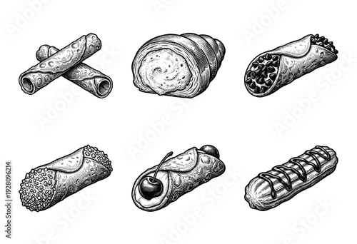 Vintage style engraving collection of traditional italian cannoli and cream filled pastries featuring chocolate chips and cherry toppings