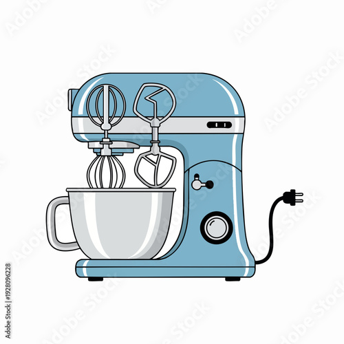 Blue stand mixer kitchen appliance with silver bowl and mixing attachments in a cartoon illustration style perfect for baking concepts