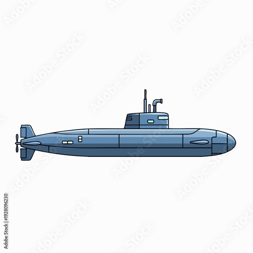 Blue submarine vector illustration in side view for maritime technology and military transport design needs a stock resource