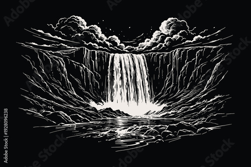 Massive waterfall cascading down deep canyon walls into a river below, majestic nature landscape hand drawn scratchboard line art vector illustration.