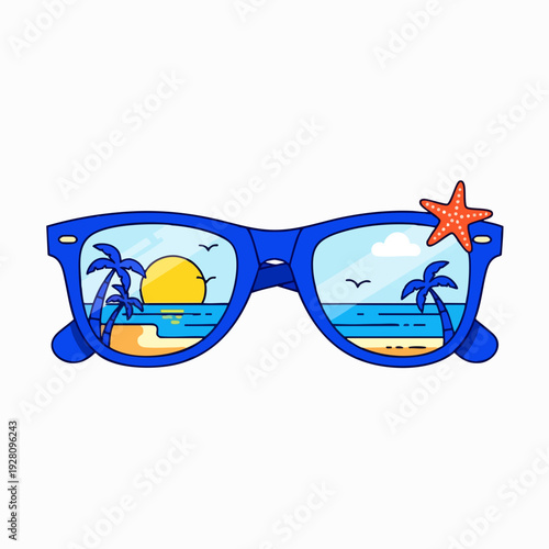 Blue sunglasses reflect a vibrant beach scene with palm trees sun and ocean waves; adorned with an orange starfish cartoon style for summer vacation vibes