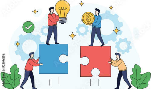 Diverse Business Team Connecting Large Puzzle Pieces with Lightbulb Idea and Dollar Coin Symbols for Creative Collaboration Success and Strategic Corporate Problem Solving