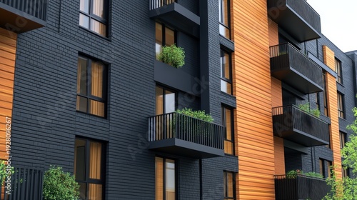 Wallpaper Mural Modern apartment building facade with black and orange/brown panels, balconies, and plants Torontodigital.ca