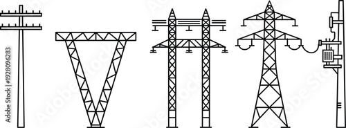 Set of high voltage power line towers, electrical pylons, transmission poles, and utility infrastructure icons for energy grid distribution systems.