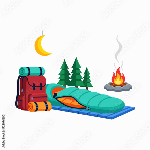Camping essentials: a cozy sleeping bag backpack campfire and serene crescent moon vector illustration for outdoor adventures