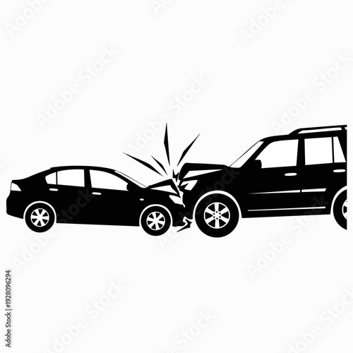 Car accident illustration in black and white; sedan collides with SUV in monochrome vector graphic; concept for insurance claims and traffic safety