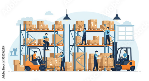 Warehouse Workers Operating Forklifts and Shelves.