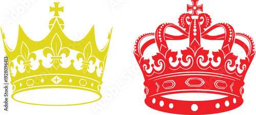 Two regal crowns in red and yellow on white background