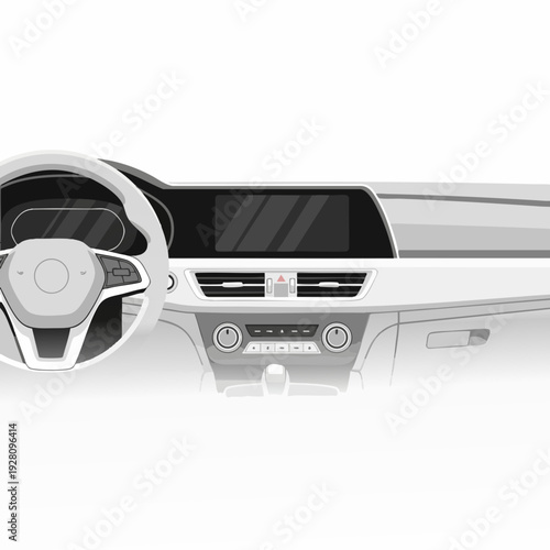 Car dashboard interior with steering wheel and control panel vector illustration for automotive design and transportation industry