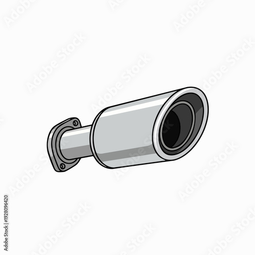 Car exhaust pipe illustration; shiny chrome muffler with black outline on a white background for automotive design