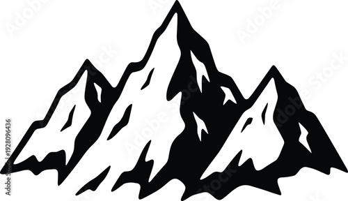 Hand drawn mountain range peaks with snow and shadows in black and white, cad drawing flat vector illustration for nature travel design,