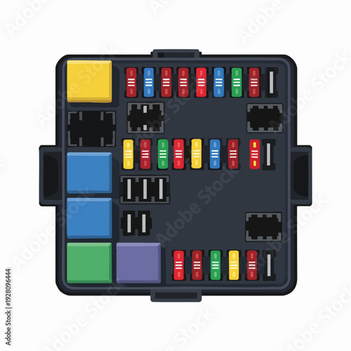Car fuse box diagram showing electrical components including fuses and relays vector illustration automotive maintenance and repair