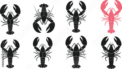 Set of lobster silhouettes and one pink cooked lobster icon, seafood vector collection isolated on white background, shellfish marine life