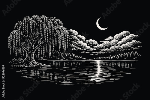 Solitary weeping willow tree by a calm lake under a crescent moon, peaceful night landscape hand drawn scratchboard line art vector illustration.